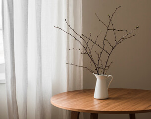 An enameled jug with spring branches on a round wooden table. Minimalism style decor