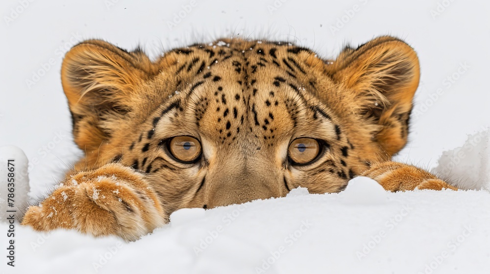 Poster snow leopard seamlessly blending with the snowy background for optimal camouflage