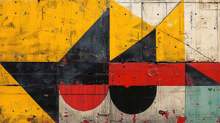 Abstract geometric shapes painted in yellow, black, and red on a textured wooden surface, showing signs of wear and tear.
