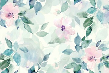 Watercolor Floral Pattern with Pink and Blue Flowers on White Background for Seamless Wallpaper Design - obrazy, fototapety, plakaty