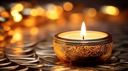 Obraz na płótnie Canvas Metallic accents candle on golden background, yellow relaxation wax dark single object