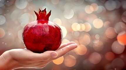Ripe pomegranate held in hand, selection of pomegranates on blurred background with copy space - Powered by Adobe