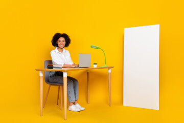 Portrait of attractive cheery skilled girl preparing finance report remote work copy space isolated...