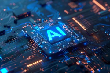 Futuristic AI Icon on Blue Tech Board