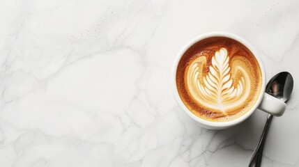 Elegant flat white coffee blossom latte art on white tabletop creates a serene and inviting ambiance - obrazy, fototapety, plakaty