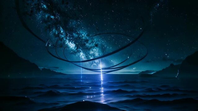 Video animation of breathtaking night scene, where the sky is adorned with a tapestry of stars. A celestial body