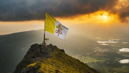 The Flag of Holy See (Vatican) On The Mountain. - obrazy, fototapety, plakaty