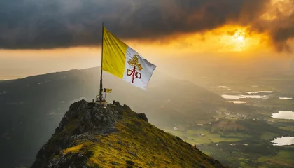 Foto op Aluminium The Flag of Holy See (Vatican) On The Mountain. © Daniel
