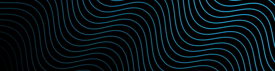 Abstract background with waves for banner. Web banner size. Vector background with lines. Element for design isolated on black. Blue and black gradient. Night, ocean