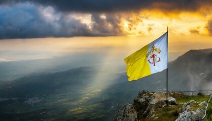 The Flag of Holy See (Vatican) On The Mountain.