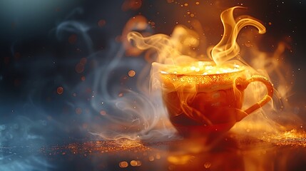 Focus on the swirling patterns of steam rising from a cup of hot coffee, curling and twisting in the air before dissipating into the surrounding space. - obrazy, fototapety, plakaty