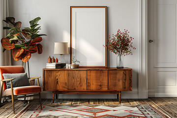 A mockup poster frame 3d render in a mid-century sideboard, next to a geometric rug, with a minimalist lamp for lighting, in earthy tones, hyperrealistic