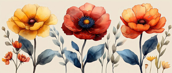 a three different colored flowers on a white background