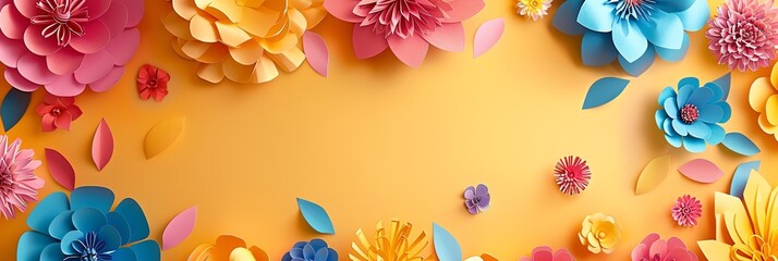 A paper art background flower, copy space in the middle, vibrant color palette for banner