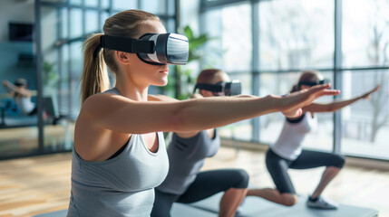 Fototapeta na wymiar Participants engage in VR fitness with focus and poise