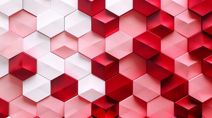 Stark white backdrop with ruby red and blush pink hexagons for a vibrant, balanced abstract.
