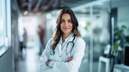 Friendly female doctor with arms crossed in a hospital corridor