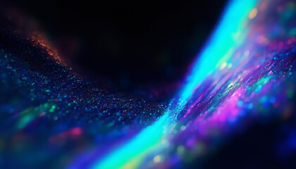 Abstract neon rainbow colored glitter particles flow with shallow depth of field underwater dust. Holiday disco magic shimmering under water festive party background. de-focused.