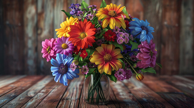 A bouquet of colorful flowers in a glass vase sits on a wooden table.

