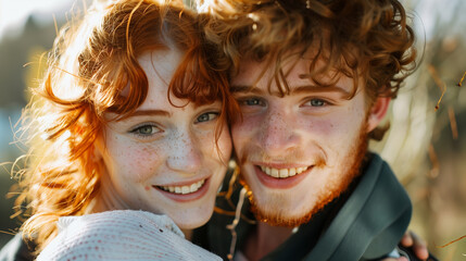 Joyful redhead couple embracing in sunlight - obrazy, fototapety, plakaty