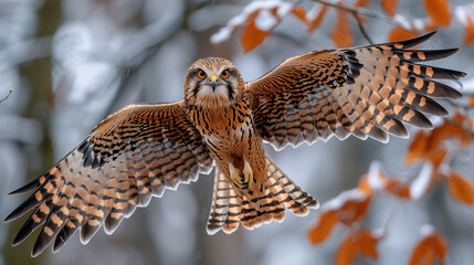 Obraz premium A majestic owl in flight, showcasing its expansive wingspan against a backdrop of autumn leaves.
