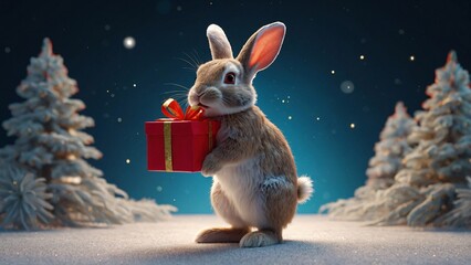 rabbit with gift, Generative AI - obrazy, fototapety, plakaty