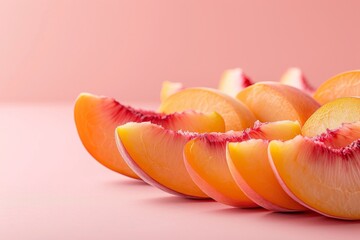 Delicate slices of peach arranged in a sunburst pattern on a blush pink background, with a clean space on the left for text