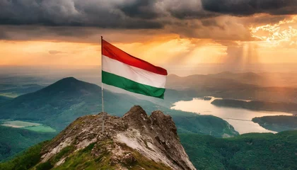 Foto auf Acrylglas The Flag of Hungary On The Mountain. © Daniel