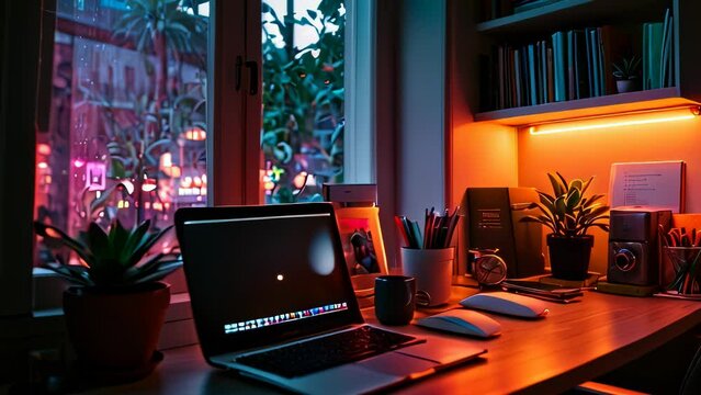 Video animation of cozy evening workstation setup. It features an open laptop,contributing to a serene work environment