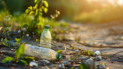 Discarded plastic bottles in nature at golden hour, highlighting pollution - obrazy, fototapety, plakaty