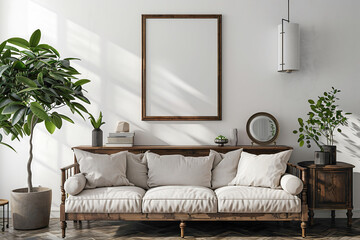 A mockup poster frame 3d render in an antique sideboard, above a sleek sofa, living room, Scandinavian style interior design, hyperrealistic