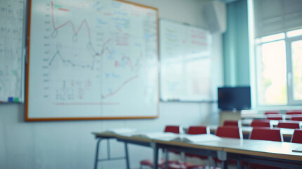 A close-up of a whiteboard in an empty classroom, displaying a graph and statistical analysis. - obrazy, fototapety, plakaty
