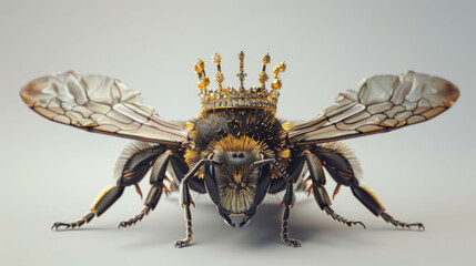 A high-detailed image of a royal bee crowned with gold, showcasing transparent wings against a minimalist background. - obrazy, fototapety, plakaty