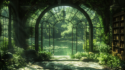 A serene view through an arched window overlooking a lush garden and tranquil pond, surrounded by green foliage and sunlight filtering through.