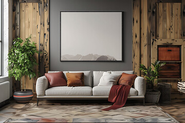 A mockup poster frame 3d render in a retro wardrobe, above a contemporary couch, entertainment room, Scandinavian style interior design, hyperrealistic