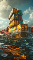 Develop a 3D scene of a sinking ship with containers labeled with various currencies, depicting global financial turmoil - obrazy, fototapety, plakaty