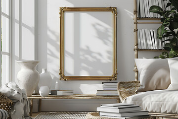 A mockup poster frame 3d render in an ornate gold frame 3d render, above a woven ladder shelf,...