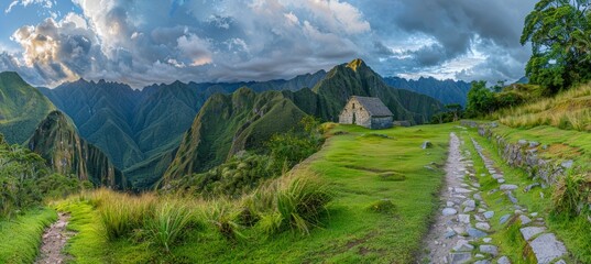 Machu picchu  ancient incan citadel on andean mountain ridge with sunset panorama views - obrazy, fototapety, plakaty