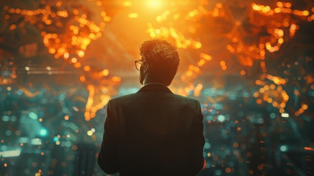Develop a 3D visualization of a financial analyst warning about overvalued assets, indicating bubble risk, space for text