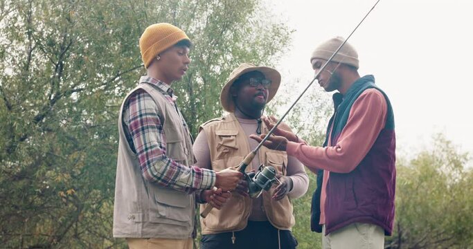 Camping, friends and learning fishing with fisherman gear, river and casting advice by lake. Adventure, vacation and men with conversation and nature hobby with activity and holiday water sport