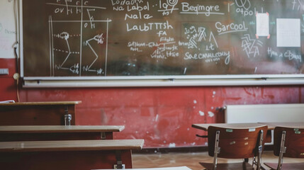 A close-up of a whiteboard in an empty classroom, filled with equations and diagrams related to calculus.
