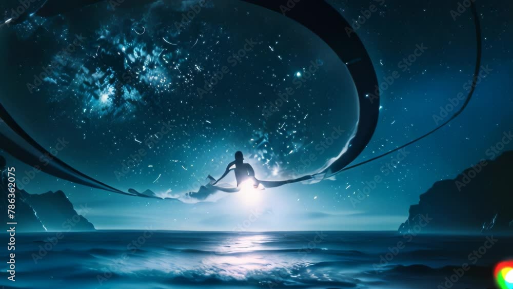 Wall mural video animation of surreal blend of oceanic and cosmic elements. a surfer is poised on a wave that s