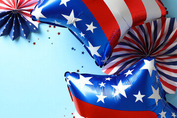 US Independence Day 4th of July banner template. Flat lay American balloons and paper fans decorations on blue background.