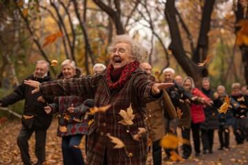 Elderly friends forming a conga line, their laughter echoing across the park as they dance amongst the autumn leaves