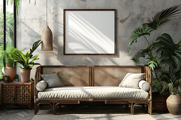A mockup poster frame 3d render in a vintage writing bureau, above a luxurious daybed, sunroom, Scandinavian style interior design, hyperrealistic