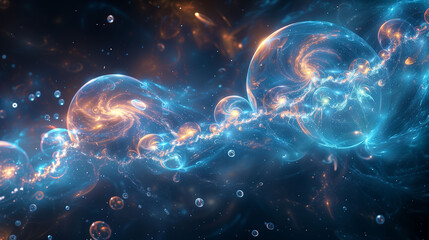 Obraz premium Abstract digital artwork depicting glowing blue bubbles interconnected by luminous strands, set against a dark background with orange highlights.
