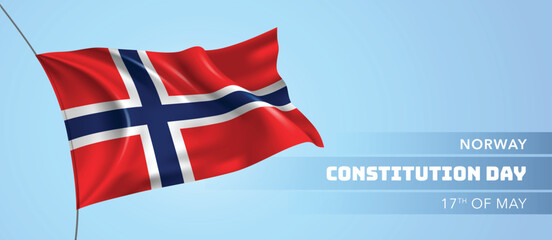 Norway happy constitution day greeting card, banner vector illustration. Norwegian national holiday 17th of May design element with 3D flag