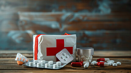 First aid kit and medicaments on wooden table indoors