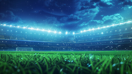 Nighttime Atmosphere at the Soccer Stadium: Brilliant Illumination, Verdant Green Field, and Starlit Sky.