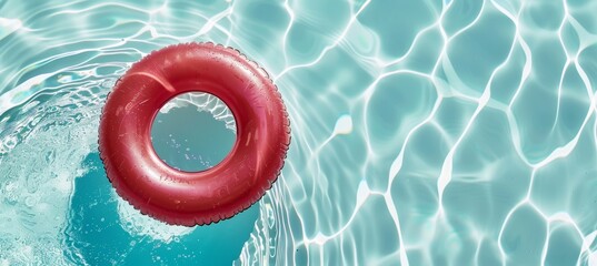 Bright red inflatable pool float leisurely drifting in a sparklingly clear swimming pool - obrazy, fototapety, plakaty